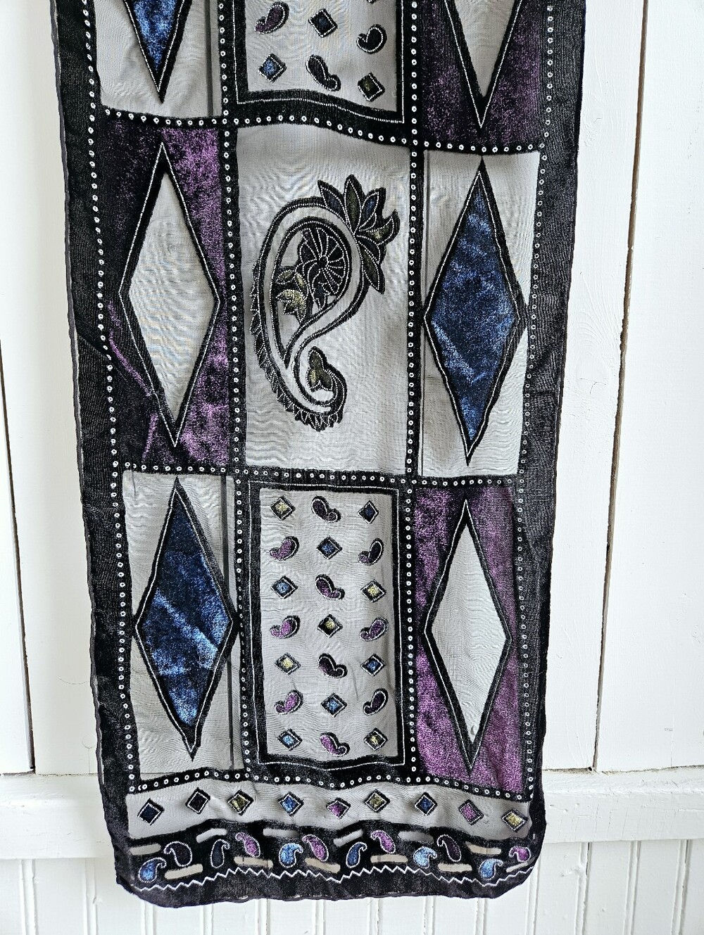 Velvet Sheer Paisley Geometric Boho Scarf Black Jewel Toned Artsy EUC